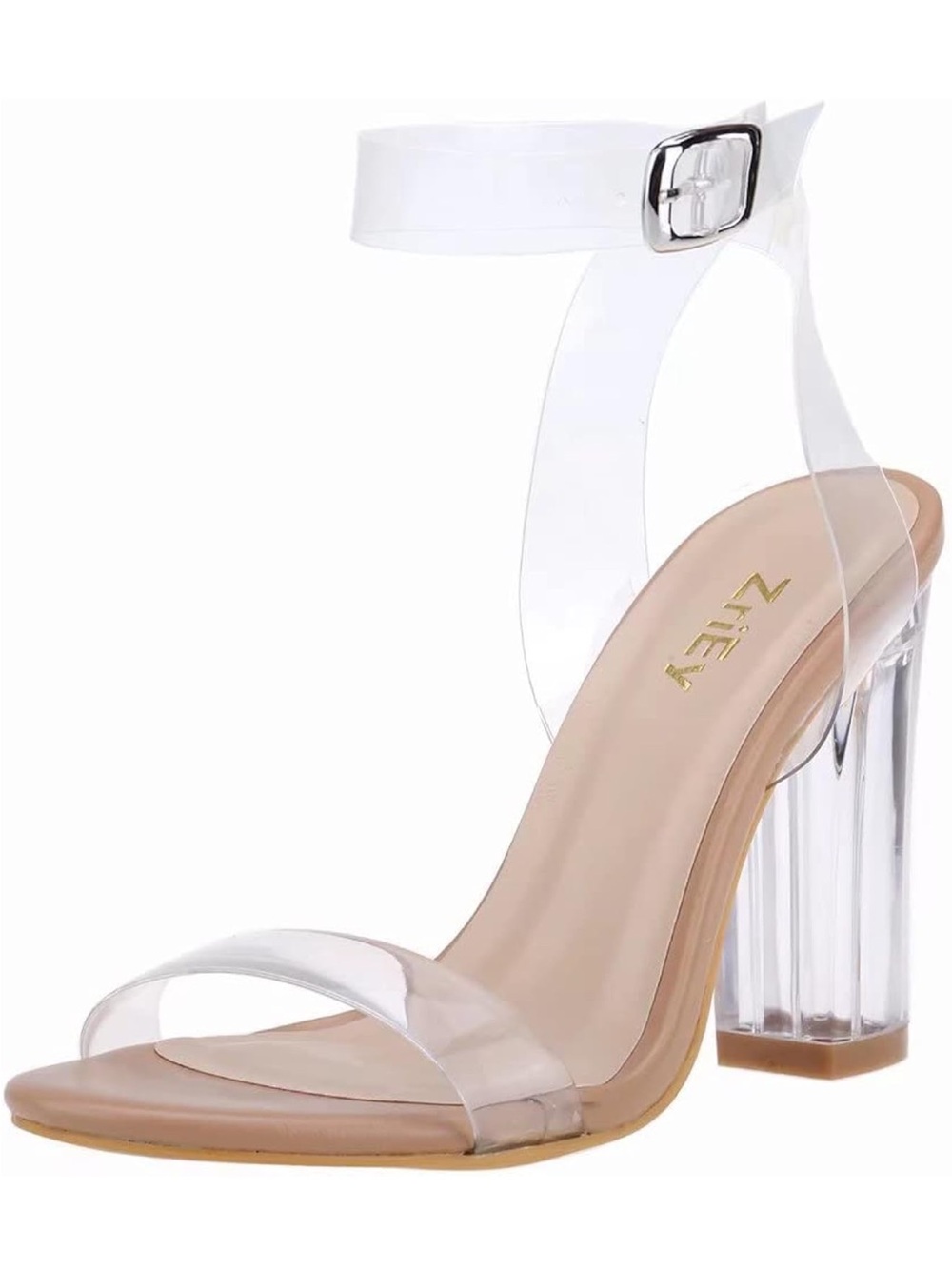 Clear Strap Nude Block Heel Sandals by Zriey